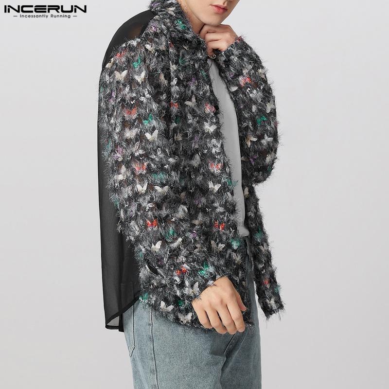 INCERUN Men Long Sleeve Print Patchwork Tassel Casual See Through Shirts