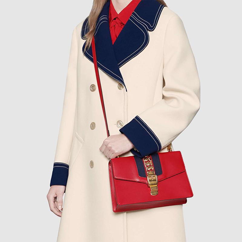 Gucci Sylvie gold buckle striped webbing grosgrain bow wide shoulder strap leather one-shoulder crossbody handbag small women's red