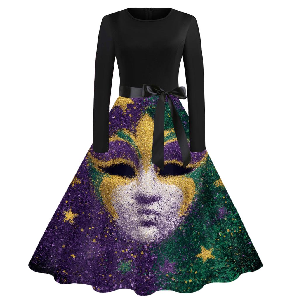 Damen Casual Mode Rundhals Karneval Bedrucktes Vintage Kleid