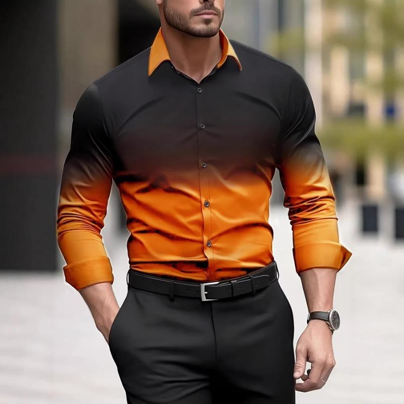 Men Gradient Color Lapel Long Sleeve Button Down Dress Shirt