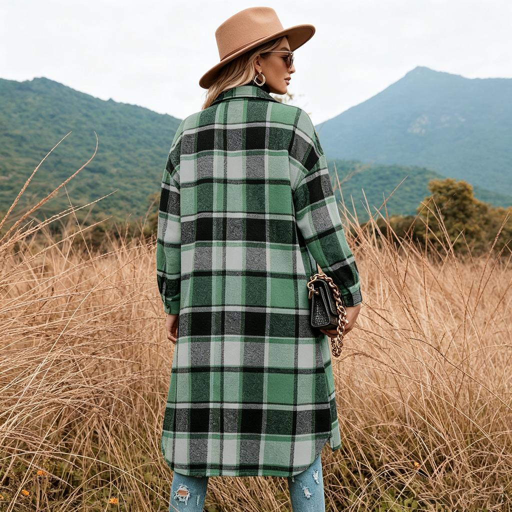 Damen Woll-Karo-Trenchcoat für Herbst Winter