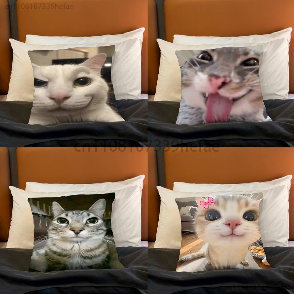 Cat Memes Funny Meme Print Polyester Pillow Case for Valentine Gift Home Sofa Cushion Cover Decoration Custom