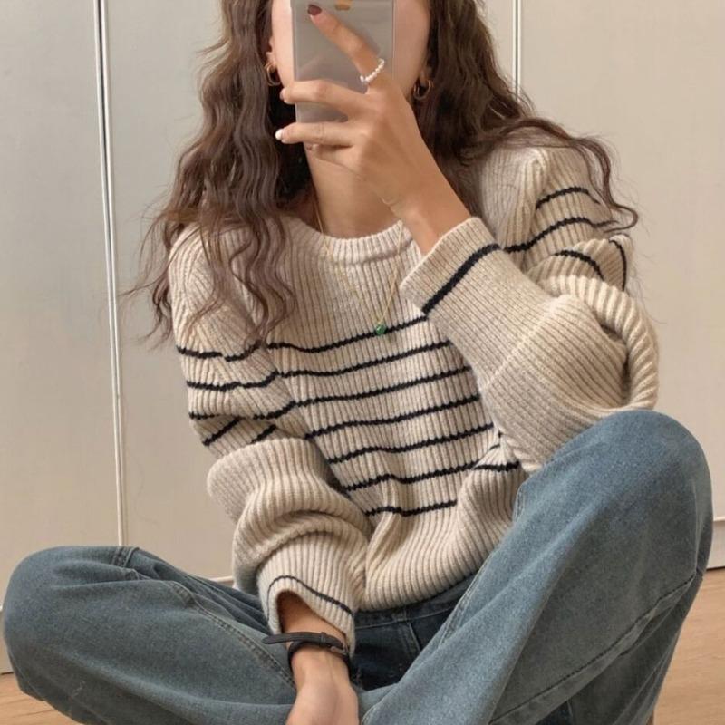 

Women s Striped Sweater Autumn and Winter Korean Version Loose Round Neck Knitted Sweater 3XL