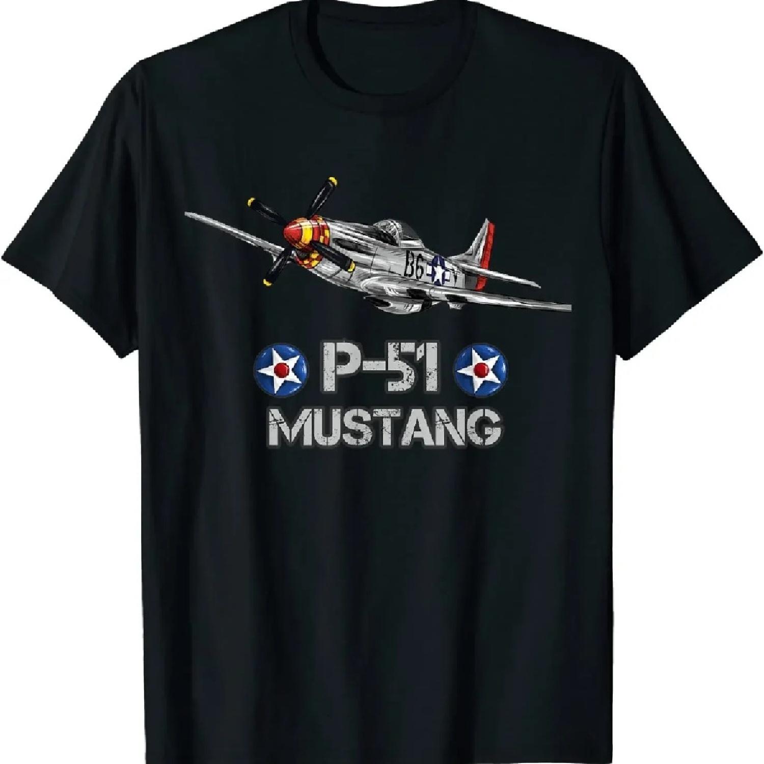 

2024 Summer Short Casual 100% Cotton Shirts American World P-51 Mustang Fighter Airplane Men T-Shirt oversized t shirt harajuku XXXXXL