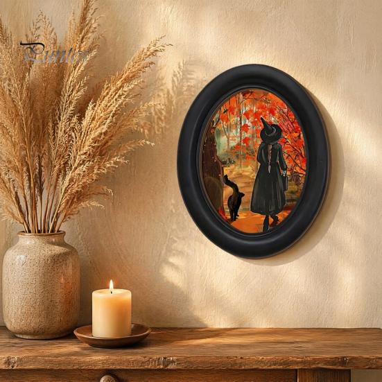 Ghost Oil Painting Print Halloween Wall Decor, Cute Table Sign, Vintage Oval Framed Retro Decor Picture, Decorative Art for Mantel Living Room Bedroom