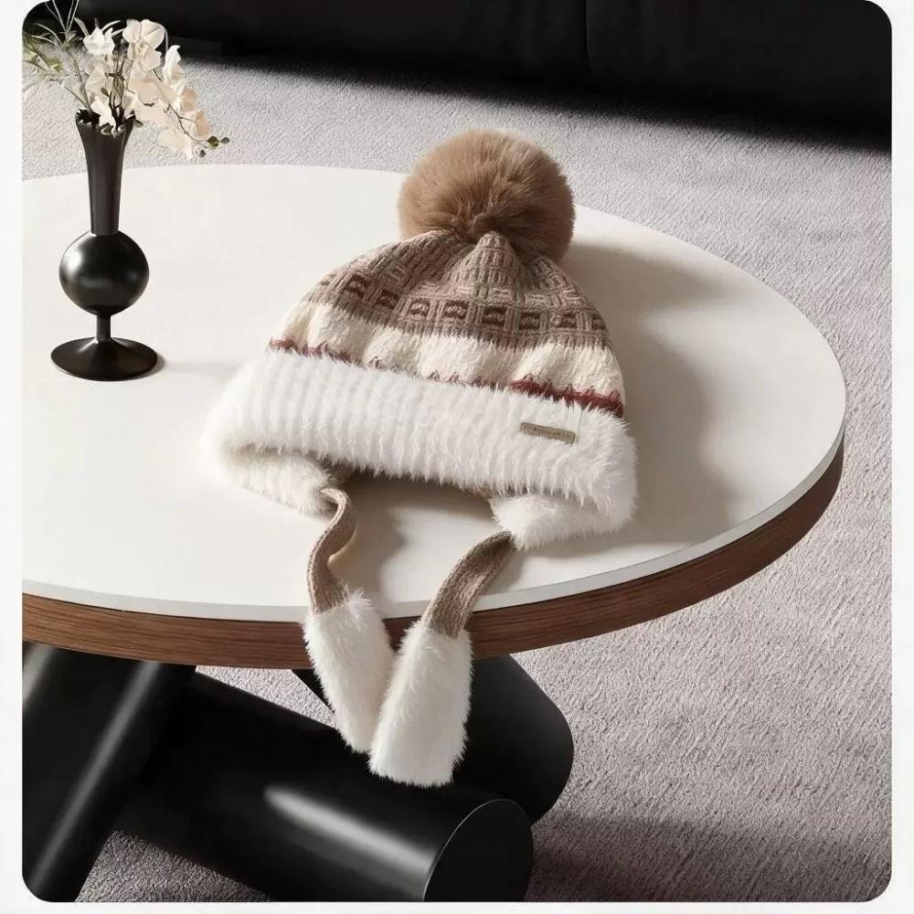 Pom Pom Ear Flap Hat Face Slimming Thick Plush Lined Hat Fair Isle Knitted Hat Outdoor Activities