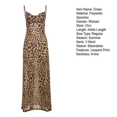 Lady Slip Dress Leopard Print Backless Slim Waist Low-cut V Neck Sleeveless A-line Prom Cocktail Club Party Maxi
