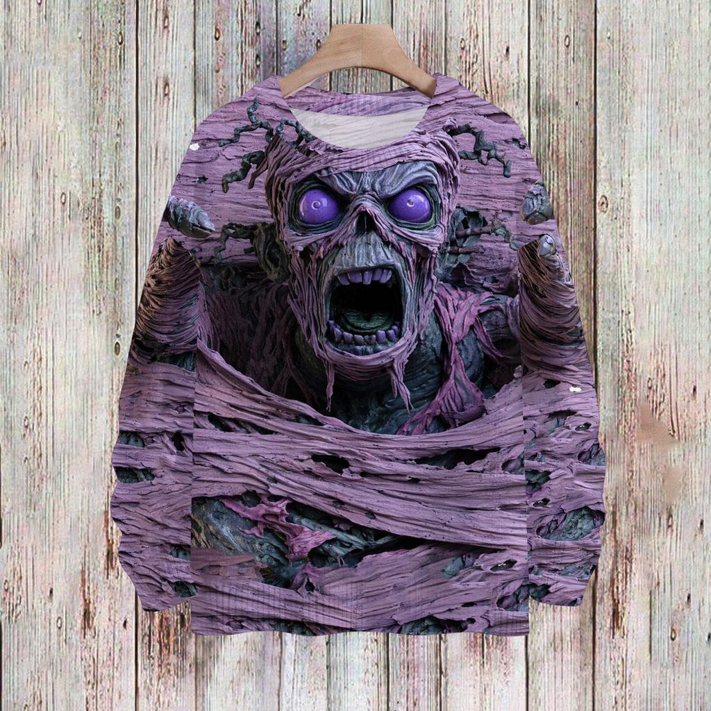 Women's Halloween Print Knit Sweater Long Sleeve Round Neck Casual Pullover