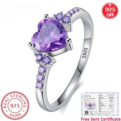 Mit Zertifikat 100% 925 Silber Lila Zirkon Kristall Ringe für Frauen Schöne Herzform Schmuck Romantisches Geschenk zum Valentinstag