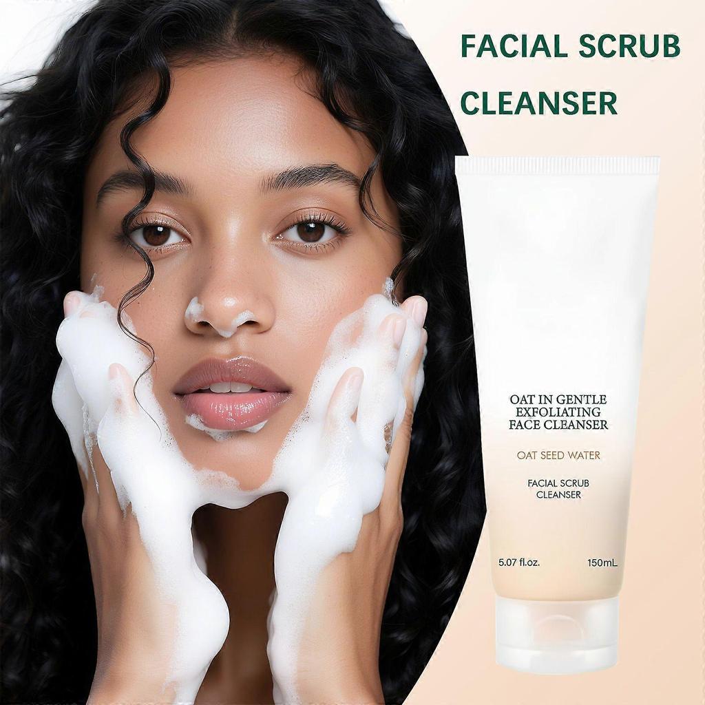 Oat Exfoliating Facial Polish Cleanser - Hydrating Daily Face Wash with Gentle Scrub Clay Pore Minimizing Panthenol, Oat Seed Water Vegan, 150ml