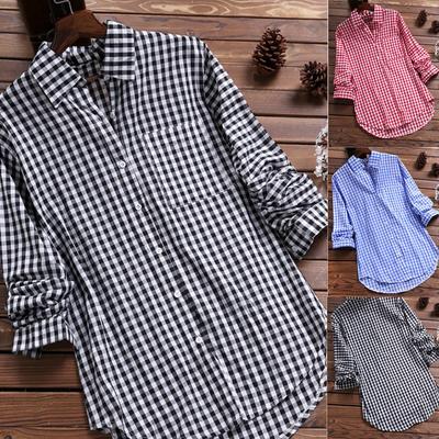 Women's Casual Loose Plaid Long Sleeve Pocket Plaid Lapel Vintage Shirt