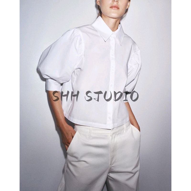 Summer New Product Women's Clothes Minimalist Style Cotton Blended Poplin Puffy Short Sleeve Lapel Shirt Tops 2731082