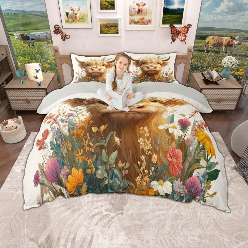 Homewish Highland Cow Duvet Cover Set, Chic Sunflower Bedding Set, Retro Farmhouse Lodge Cabin Quilt Cover Set