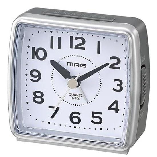 MAG Alarm Clock Table Compact Small Analog Silent Continuous Second Hand Electronic Sound Snooze Light Silver Kojiro T-709 SM Noah Seimitsu