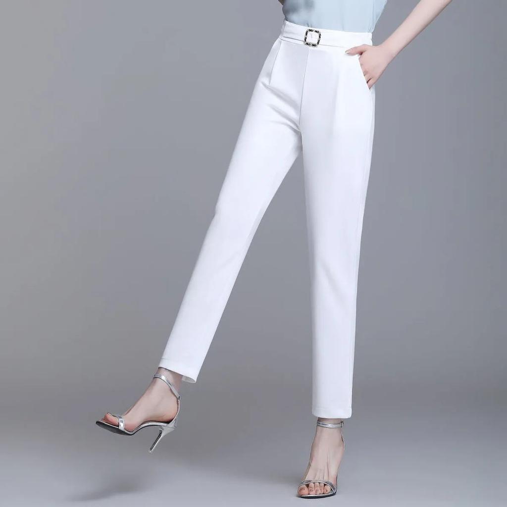 Spring and Summer Women's High Waist Elastic Haren Pants Commuter Casual Fashion Solid Color Pocket Belt Pants