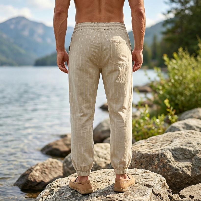 Men's Casual Striped Linen Pants Loose Fit Straight Leg Long Trousers Sporty American Style Men's Wear Breathable Casual Sports Trousers
