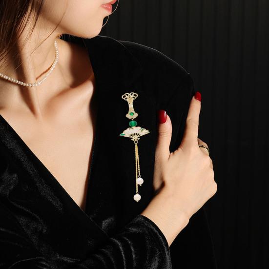 Fan Brooch Beads Tassel Rhinestone Inlays Dazzling Pin Sweater Dress Coat Suit Lapel Badge Outfit Accessories