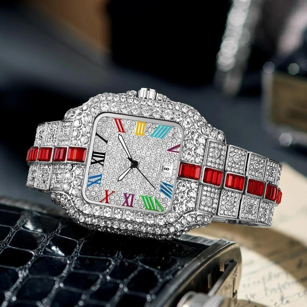 Full Diamond Rainbow Diamond Quartz Watch for Men Iced Out Male Golden Vintage Square Shaped Hip Hop Man Clock Reloj
