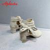 Aphixta Summer Peep Toe Cool Women Boots Sandals Lace-up Square Heels Narrow Band Rosette Shoes Plus Size 43