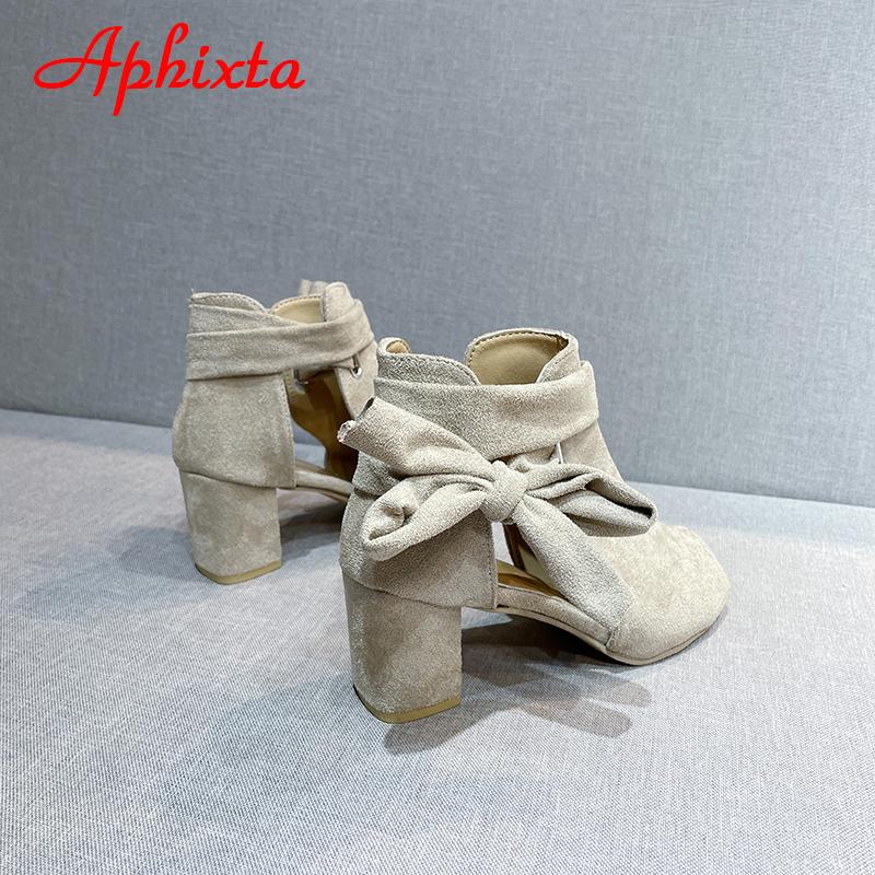 Aphixta Summer Peep Toe Cool Women Boots Sandals Lace-up Square Heels Narrow Band Rosette Shoes Plus Size 43
