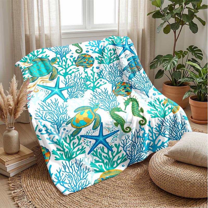 Ocean Life Pattern Theme blanket Lightweight Warm Flannel Blanket Decorative Throw Blanket for Home Decoration