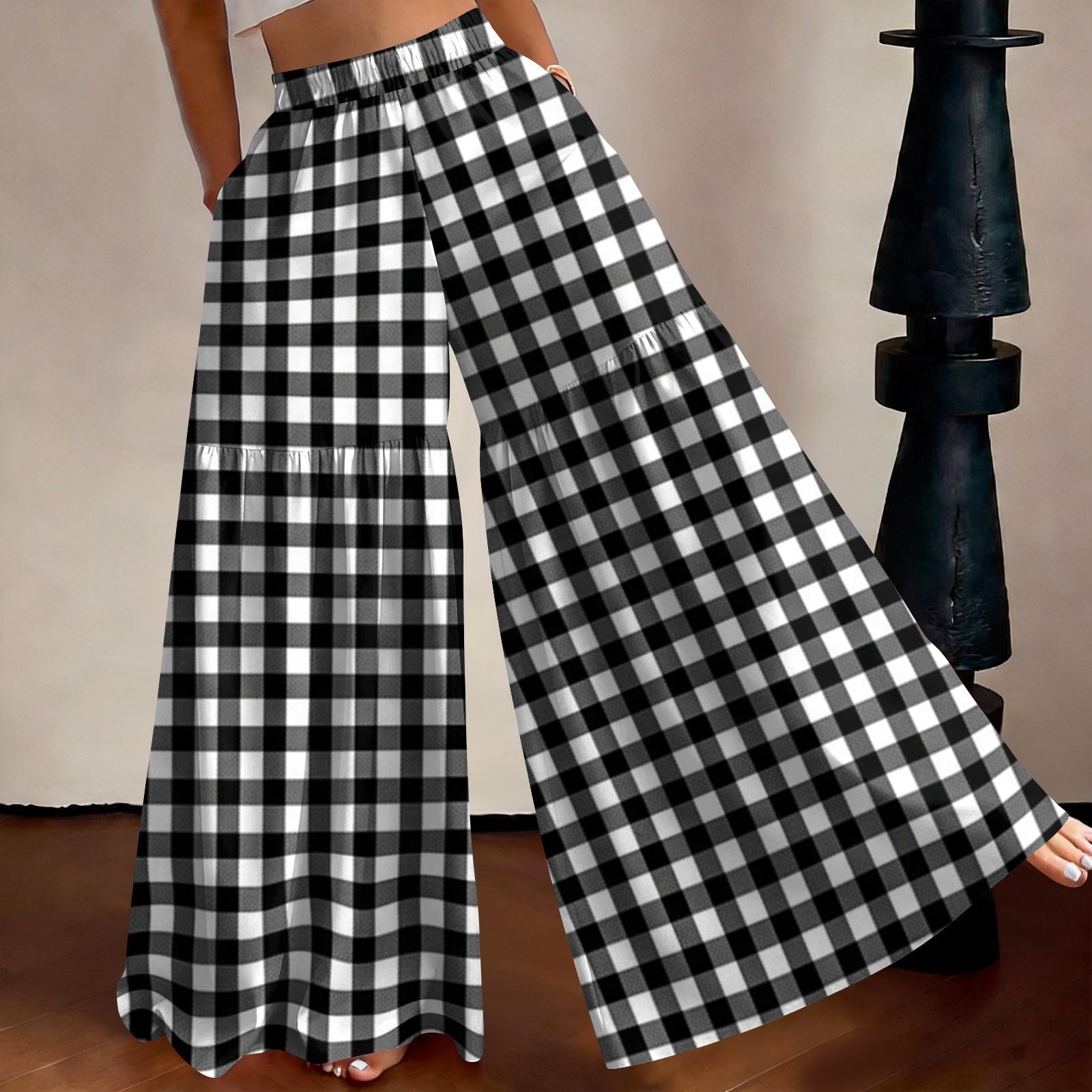

Women s High Waist Wide Leg Pants Loose Fit Lightweight Plaid Print Casual Trousers with Elastic Waistband Comfortable Fit M чёрный