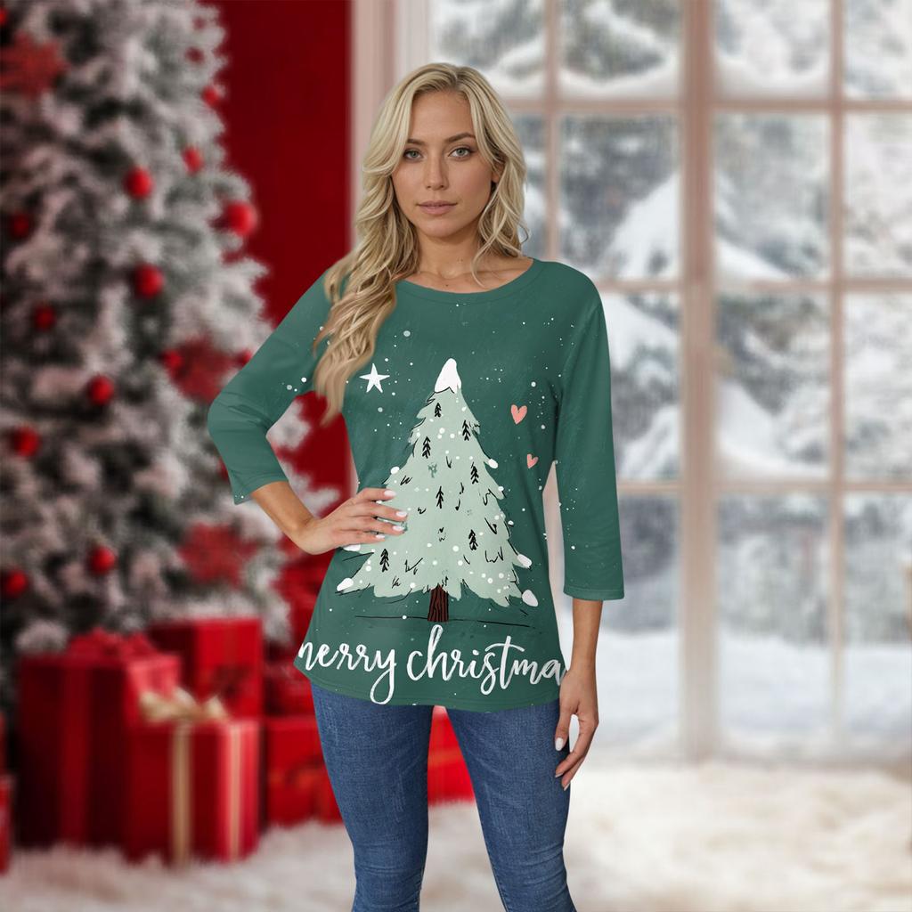 Women's O-Neck 3/4 Sleeve Christmas Print Top