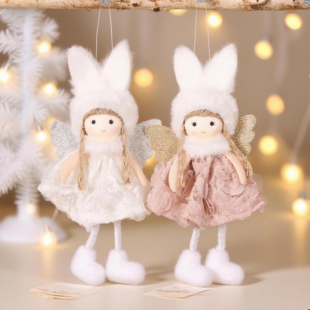 Ming Guan Christmas Reindeer Angel Pendant with Plush, Cute Rabbit Ear Doll, Tree Decoration