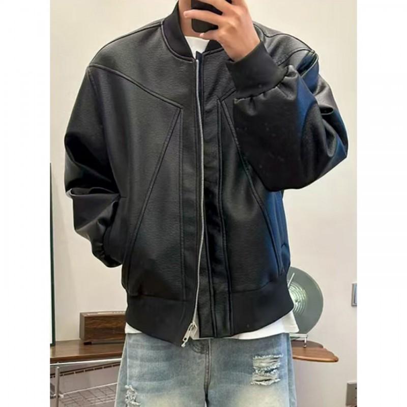 Mens Short PU Leather Harrington Jacket Casual Loose Fit Trendy Streetwear Teens