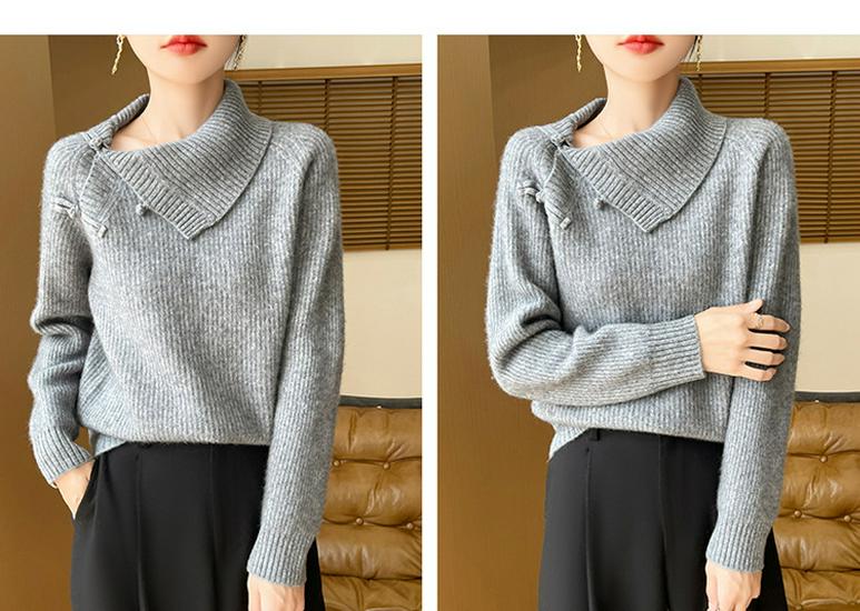 Women's Retro Chinese Lapel Wool Sweater with Frog Buttons