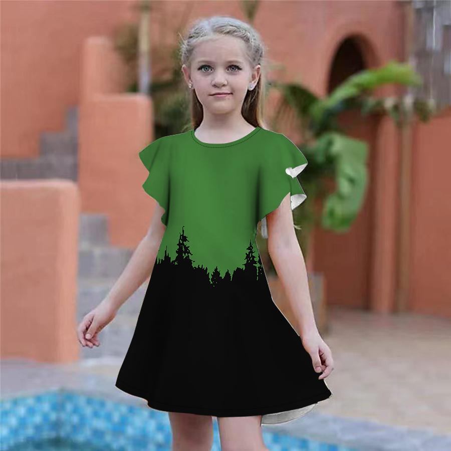 Girls Green Cypress Print Dresses Kids Girl Party Dress Loose Fitting Loose Fitting Short Sleeved Skirt For Girls Over Four Years Old