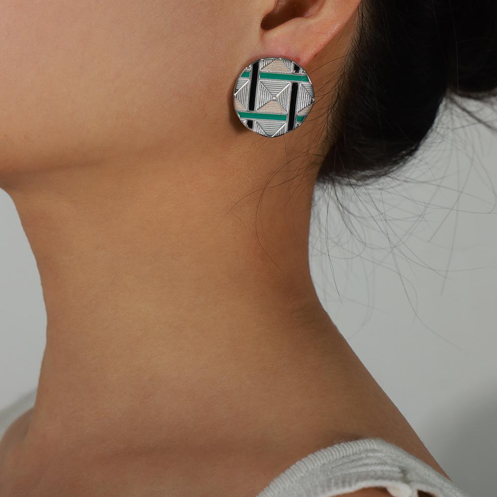 Gold-Plated Titanium Steel Pyramid Stud Earrings with Enamel Detailing