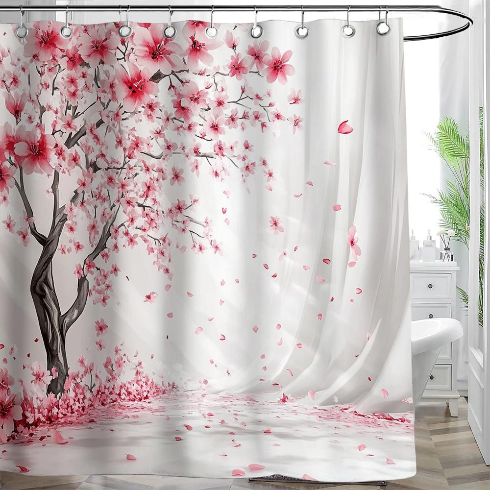 1pc Pink Plum Blossom Flower Print Waterproof Shower Partition Privacy Hanging Curtain with Hooks Multiple Size Machine Washable