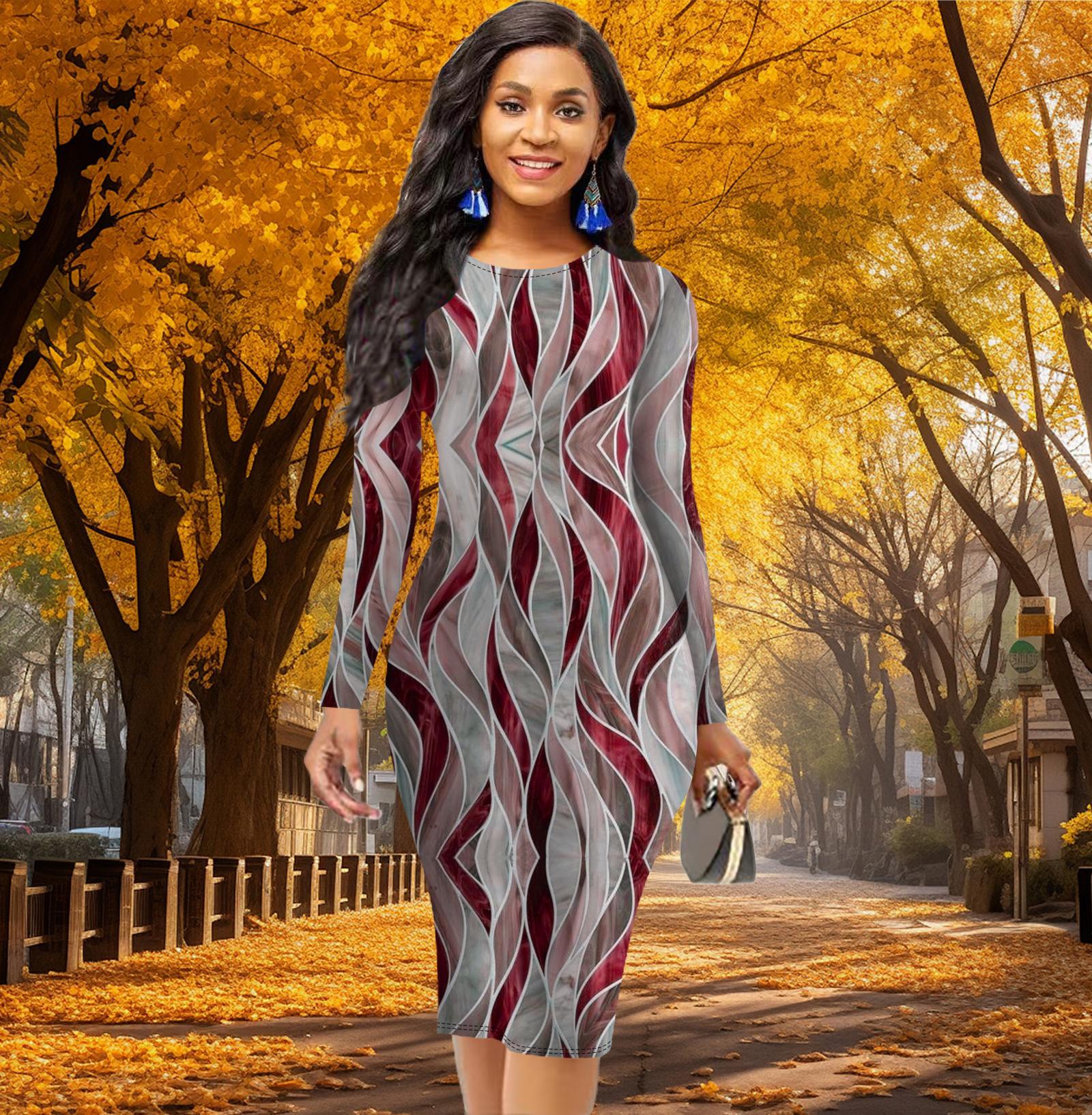 

Длинный рукав, талия, облегающее, офисное, облегающее, нерегулярный рифленый принт, элегантное облегающее платье XS красный