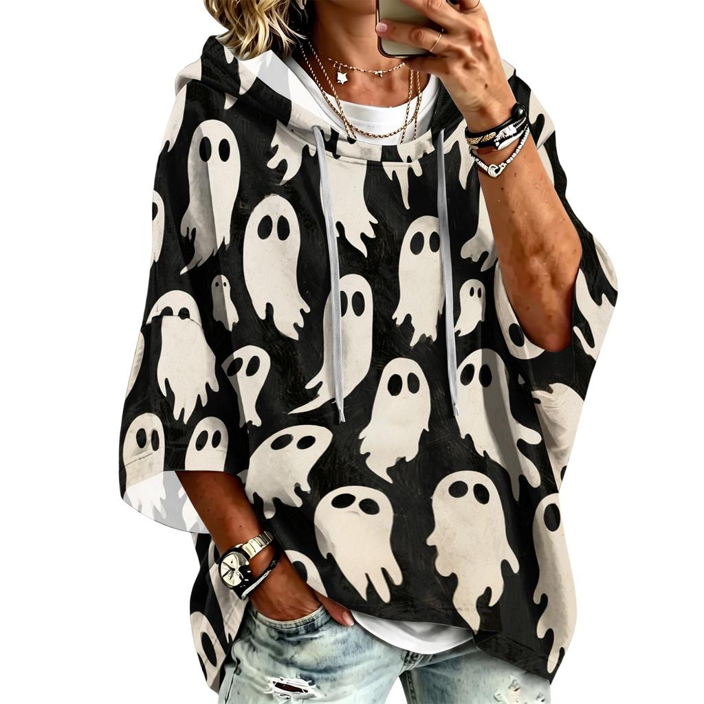Women's Fashionable Three-Quarter-Sleeve Halloween-Printed Hooded Pullover