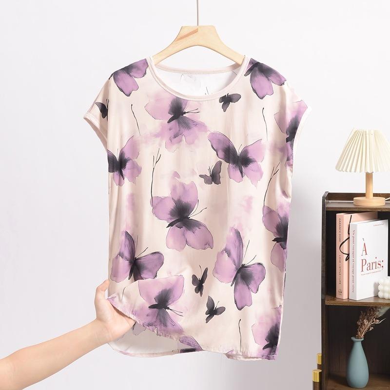 Dam Silke Jacquard Rundhals Kortärmad Tunn Mamma T-shirt Sommar Stor Storlek Blommig Bekväm Andningsbar Mångsidig Lös Topp