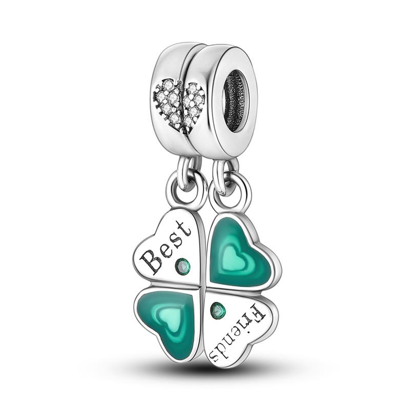 Lucky Clover Charms Fit Fashion Original Bracelets Four Leaf Clover 925 Silver Green Zircon Beads Pendant DIY Jewelry Gift