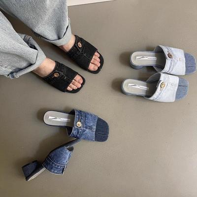 Summer Design Sensation Small Crowd Thick Heel Slippers Fashion Retro Denim High Heel Slippers Women Shoes Pig Feet Slipper