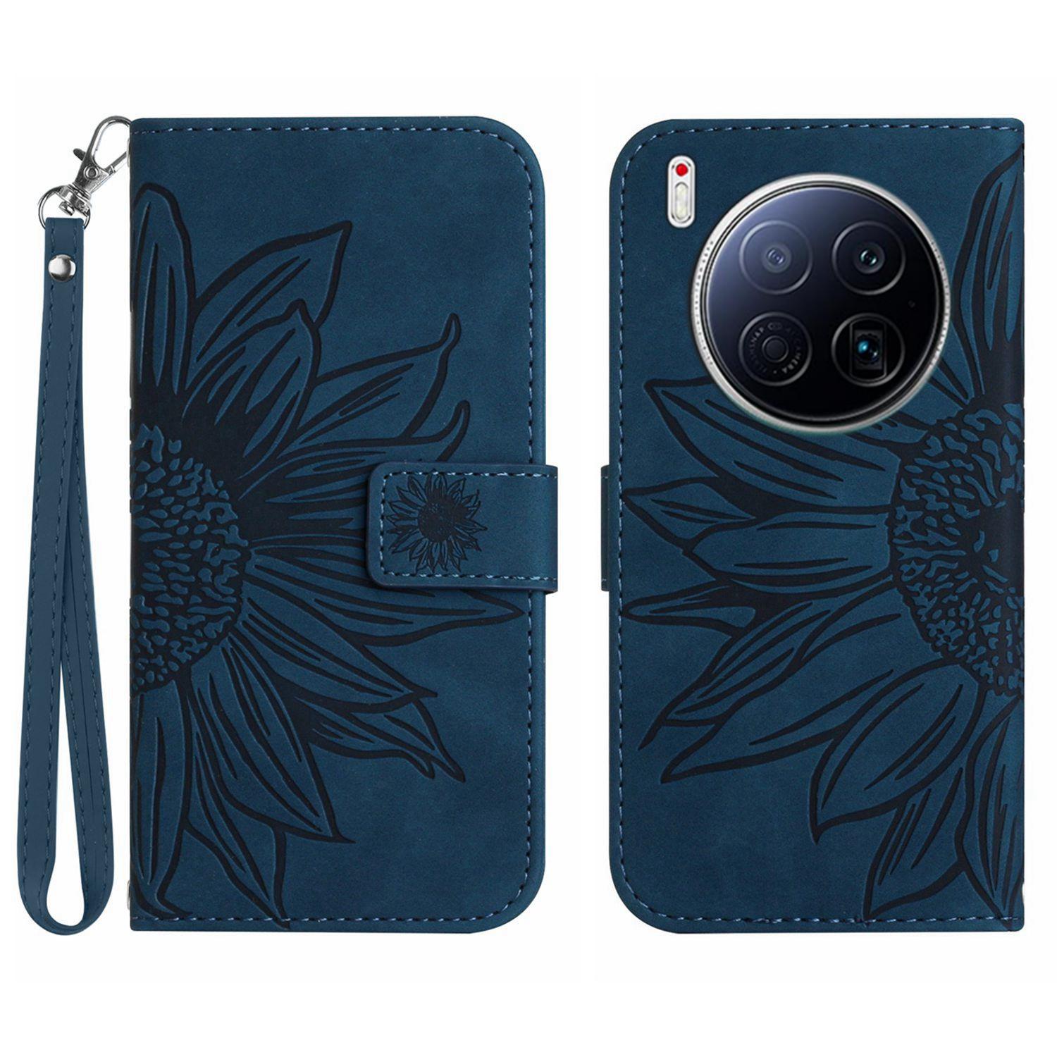 

Чехол для TECNO Camon 40 Premier 5G Кожаный кошелек-обложка для телефона с тиснением подсолнуха и ремешком на запястье Dark Blue