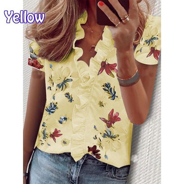 Dámská móda Ležérní halenky s výstřihem do V a krátkým rukávem Roztomilé volánky Tričko Dámské halenky s květinovým potiskem Volné topy