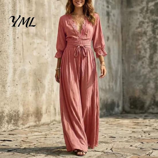 Versatile Commuter Dress Women V-Neck Lace for Fall, 3/4 Sleeves Maxi with V Neck Belt, Solid Color Loose Casual Long Vacation Daily Wear