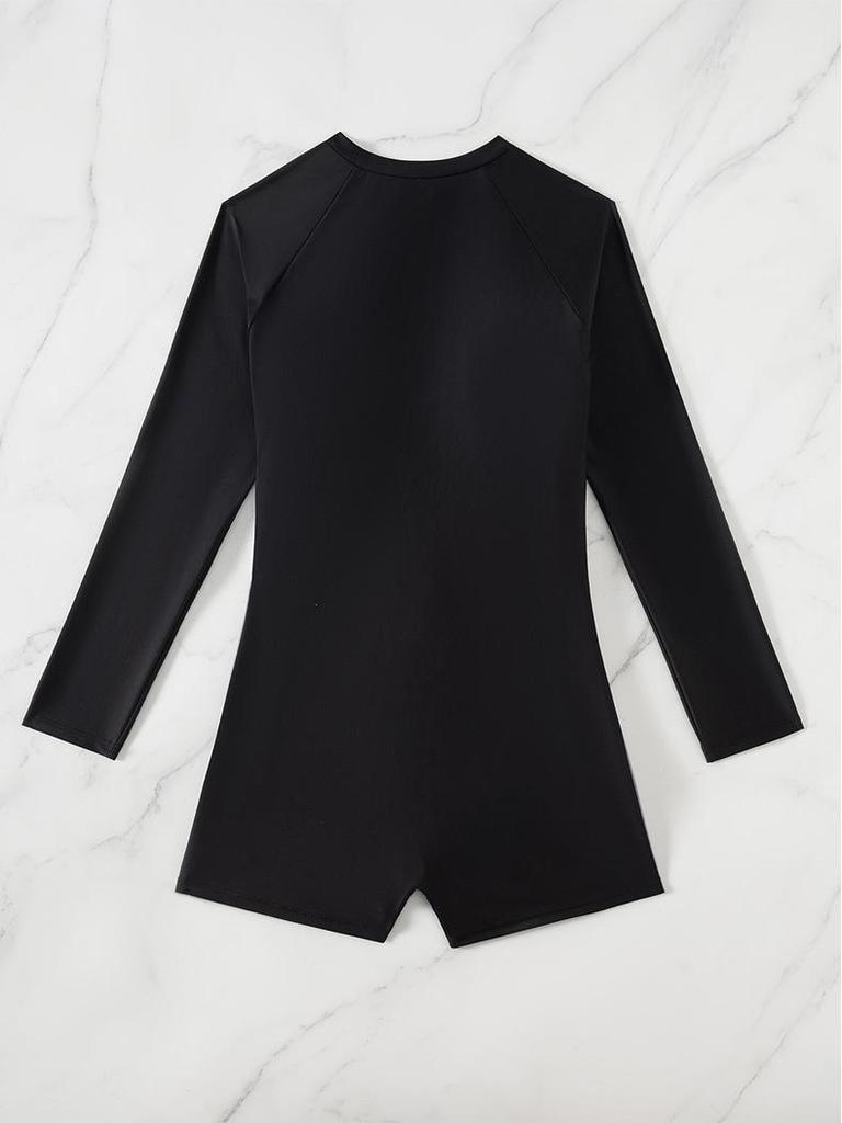 2026 European Slimming Color Block Long Sleeve Sun Protection One-Piece Swimsuit for Women