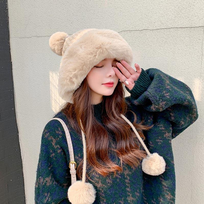 

Утолщенные женские меховые шарики плюс бархатный теплый капюшон, уличные зимние холодостойкие модные милые шерстяные шапки