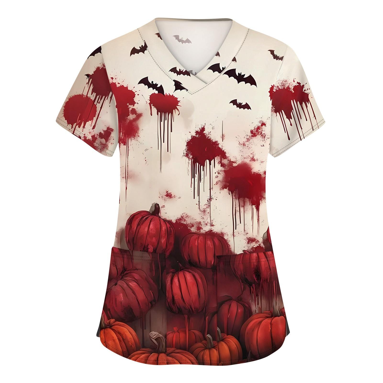 

Женская мода V-образным вырезом с короткими рукавами и карманами Топы с принтом на Хэллоуин XL винный