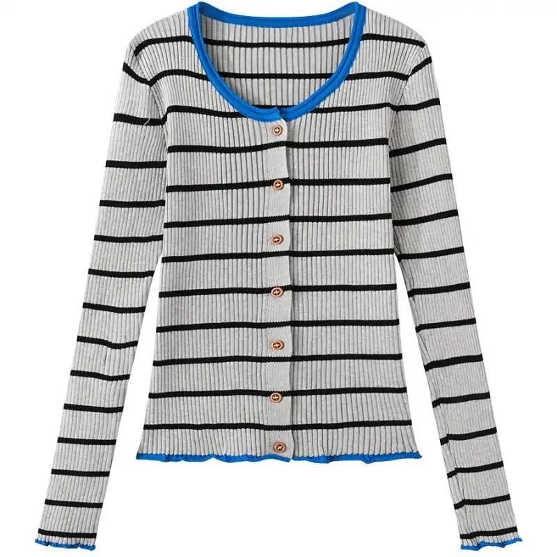 Contrast Striped Knitted Cardigan for Women Early Autumn New Korean Style Slim-fitting Short Sweater Top Onesize синий