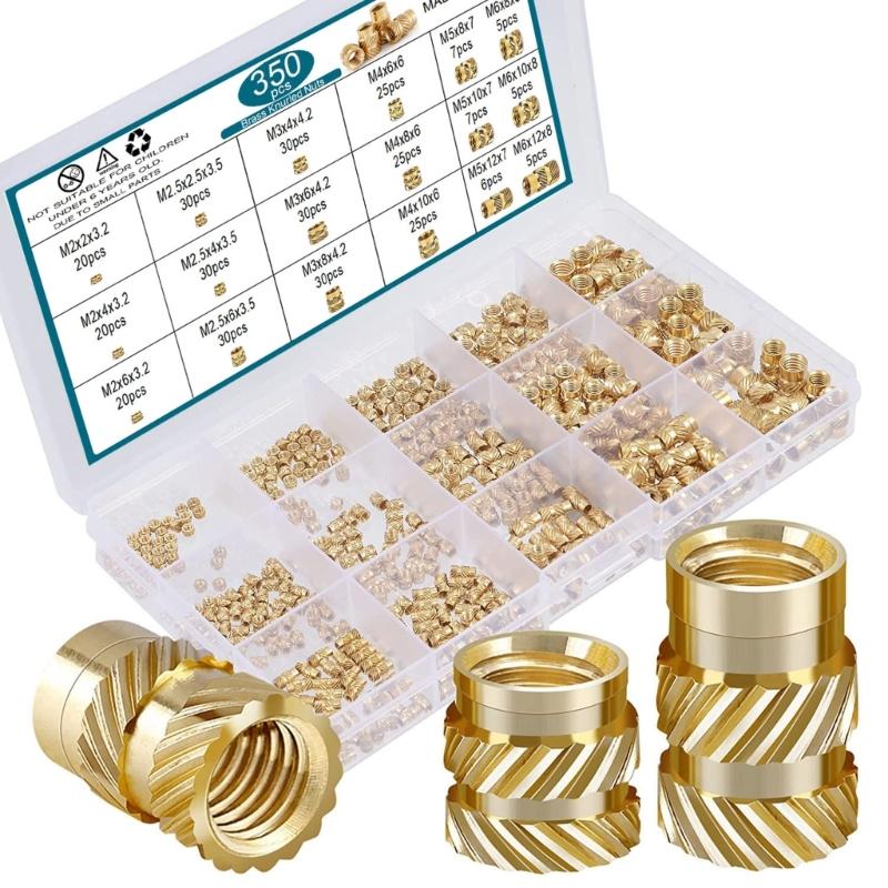 350pcs Set of Threaded Inserts Convenient & Reliable Knurled Brass Female Thread Nuts Inserts Assortment Set for Plastic