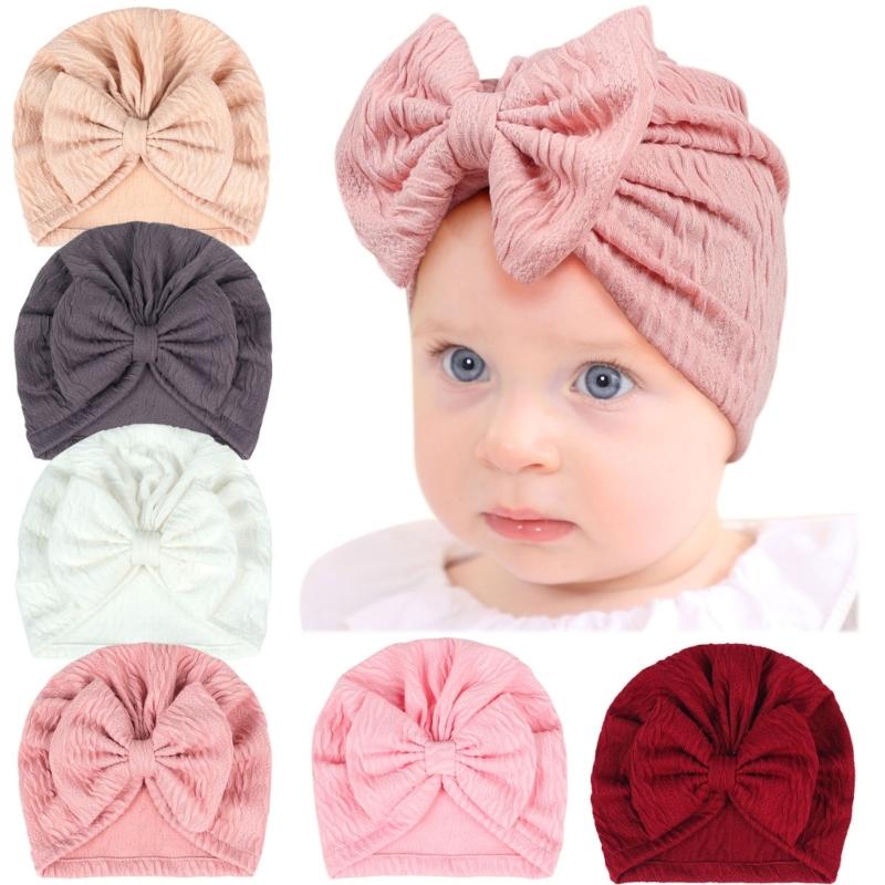 Solid Color Infant Turban Hat Elastic Baby Beanie Cap with Bowknot Decor Fashionable Headdress Cosy Newborn Accessories