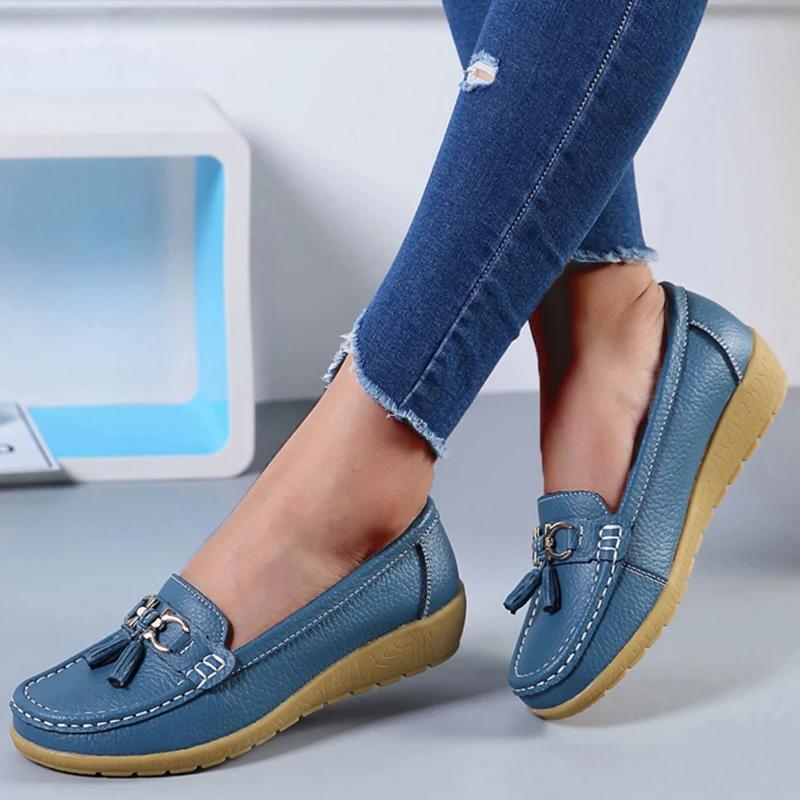 Damen Ballerinas Mode Echtes Leder Keilabsatz Retro Damenschuh Quaste Damen Loafers Slip On Weiche Damen Mokassins Übergröße