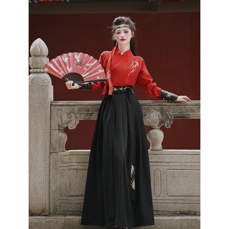 

Красное платье для пары в стиле боевых искусств с вышивкой в виде листьев бамбука в стиле ханьфу и крестообразным воротником (Плюс Размер, Толстый ММ, Древний Стиль) 2XL