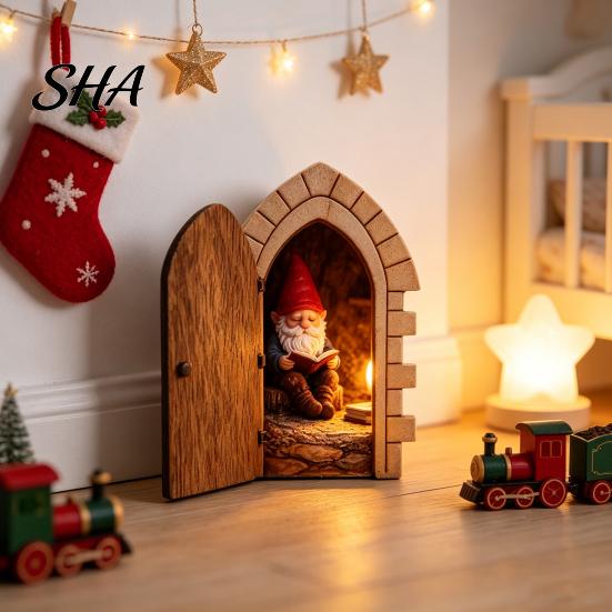 Smooth Wooden Craft Ornaments Fairy Gnome Door Tabletop Ornament, Mini Elf Figurine, Whimsical Decorative for Home Tale Garden Decor, Magical Cottage